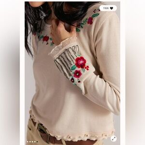 Free People Carter Embellished Beaded Floral Romantic Long Sleeve Thermal Top XL